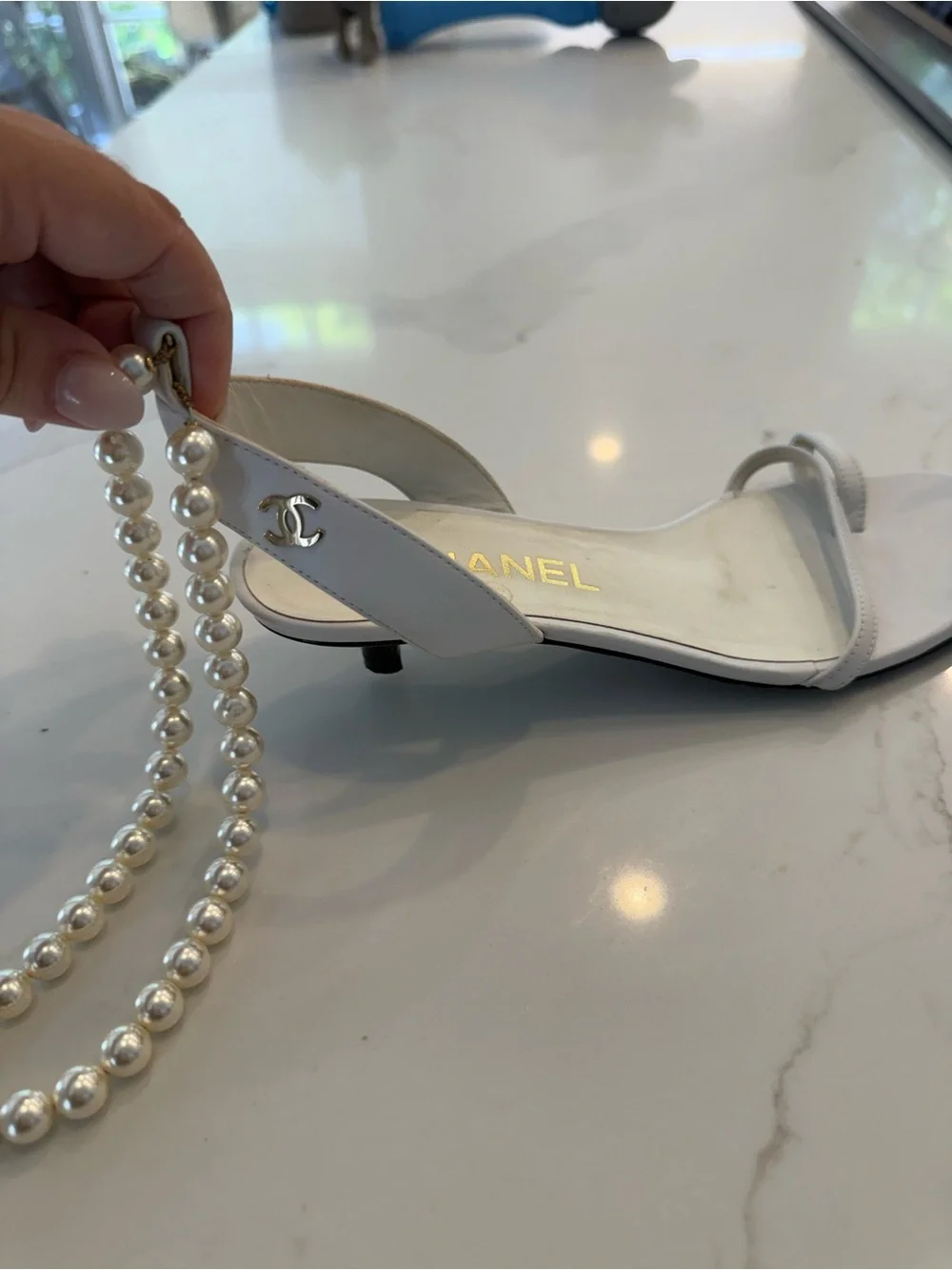 CHANEL White Leather Double-Strap Ankle Sandals with Pearl Chain